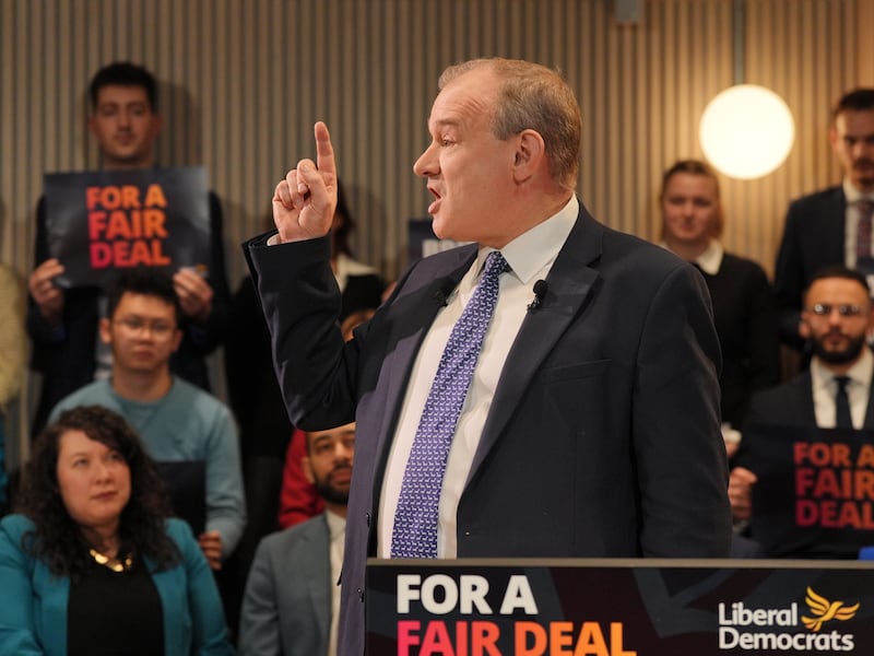 Liberal Democrat leader Sir Ed Davey speaking at Impact Hub, north-west London, on British leadership and strengthening ties with Europe