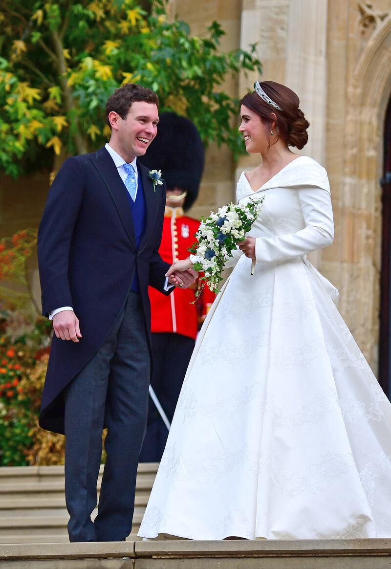 Princess Eugenie wore a silk love-sleeved Peter Pilotto dress for her autumn wedding