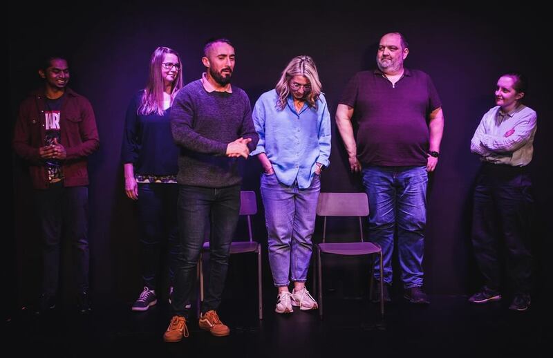 Former sports star Eliza Downey performing with Dopamine Disco comedy improv team on stage. Pic by Claire Nugent clairen_photo_comic