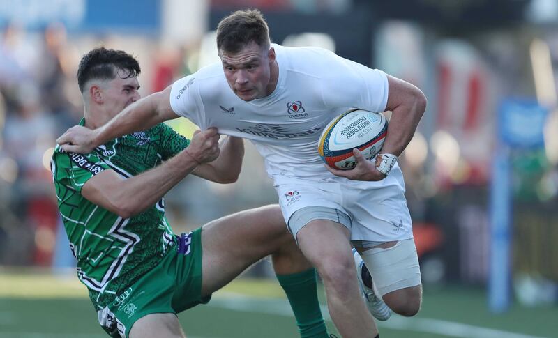 UlsterÕs Zac Ward (trialist)  tackled by  Benetton Rugby  Marco Scalabrin during SaturdayÕs Bank of Ireland Pre-Season Friendly match at Kingspan Stadium.
Picture by Brian Little