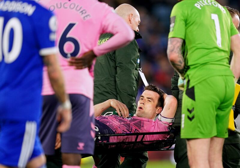 The worry is clear on Seamus Coleman's face as he is stretchered off against Leicester City in May.
