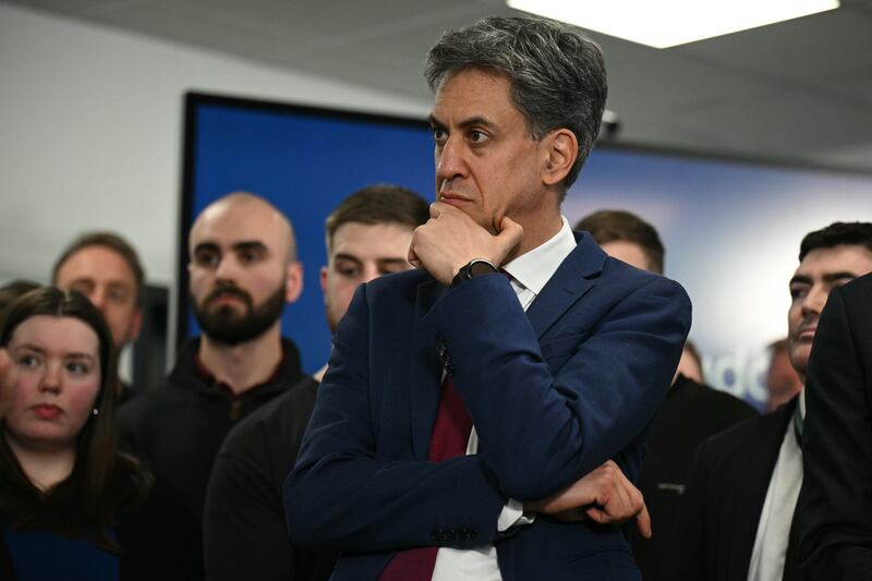 Energy Security and Net Zero Secretary Ed Miliband watches Sir Keir Starmer speak during a visit to the National Nuclear Laboratory facility in Preston