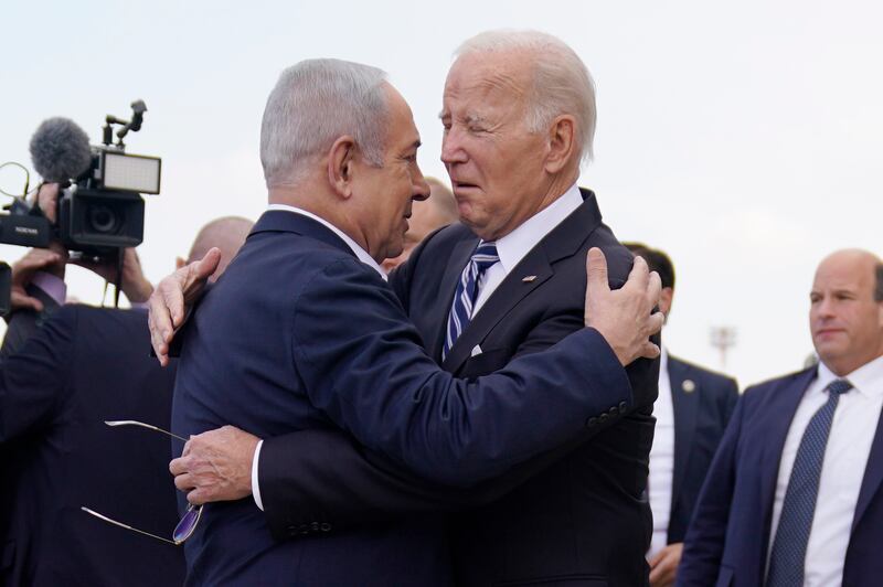 Joe Biden is greeted by Israeli Prime Minister Benjamin Netanyahu in 2023 (Evan Vucci/AP)