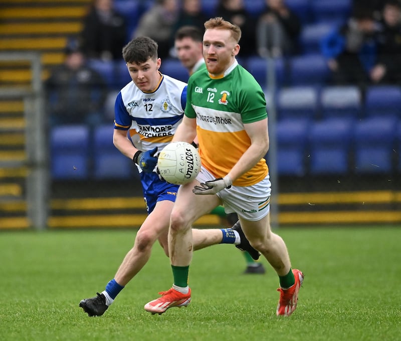 Tiernan Murray of Carrickmore in action against Tomas Mullan of Errigal Ciaran in the Tyrone League semi-final at Dunmoyle.