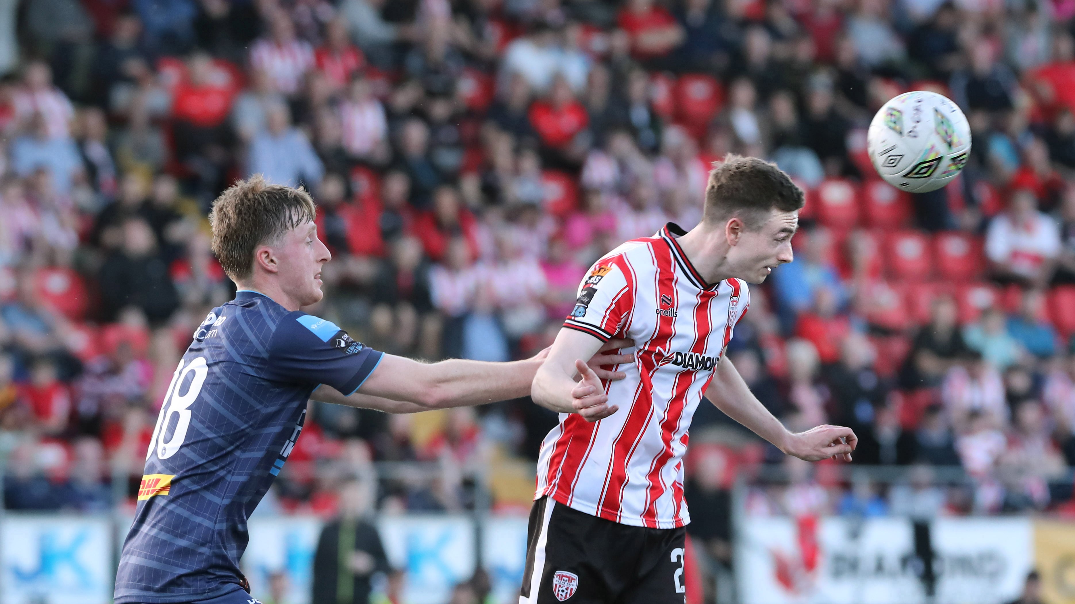 Derry City Daniel Kelly with Jevon Mills of Bohemians at the Brandywell on Friday night. Picture Margaret McLaughlin  10-5-2024