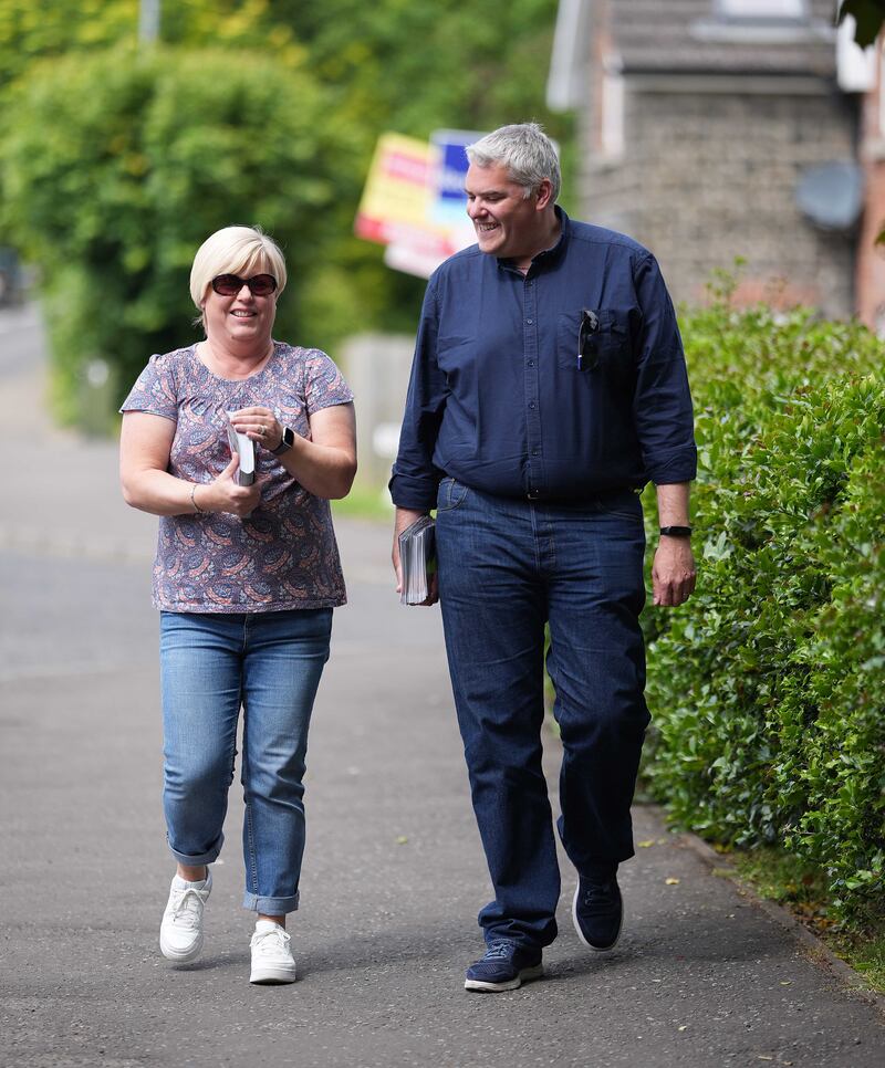 DUP Leader Gavin Robinson pictured canvassing for votes with party workers during the Westminster Election in his constituency of East Belfast. Picture date: Saturday June 22, 2024. PA Photo. See PA story POLITICS Election DUP. Photo credit should read: Niall Carson/PA Wire