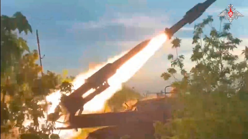 A Russian Army Buk-2M self-propelled, medium-range surface-to-air missile system fires at air targets in an undisclosed location in Ukraine (Russian Defence Ministry Press Service/AP)