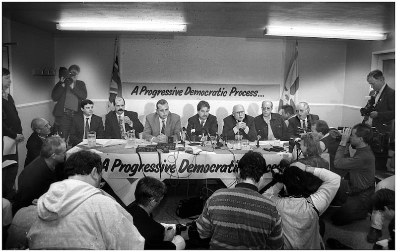 Archive Picture.
Gusty Spence speaking for the  Combined loyalist military command answers questions after he announced the Loyalist ceasefire,flankes by the likes o Davy Adams,David Ervine,Gary Mcmichael, William Smythand John White.
PICTURE Brendan Murphy 1994