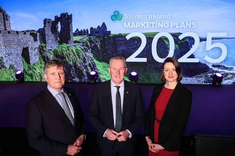 Tourism Ireland chief executive Alice Mansergh (right), with the body's chairman Christopher Brooke (left) and Economy Minister Conor Murphy (centre), at the launch of Tourism Ireland’s 2025 marketing plan in Belfast on Thursday.