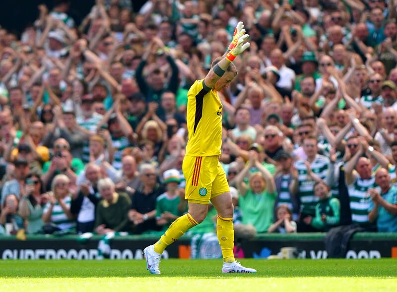 Celtic goalkeeper Joe Hart gestures to the fans after being substituted during the cinch Premiership match at Celtic Park, Glasgow. Picture date: Saturday May 18, 2024.