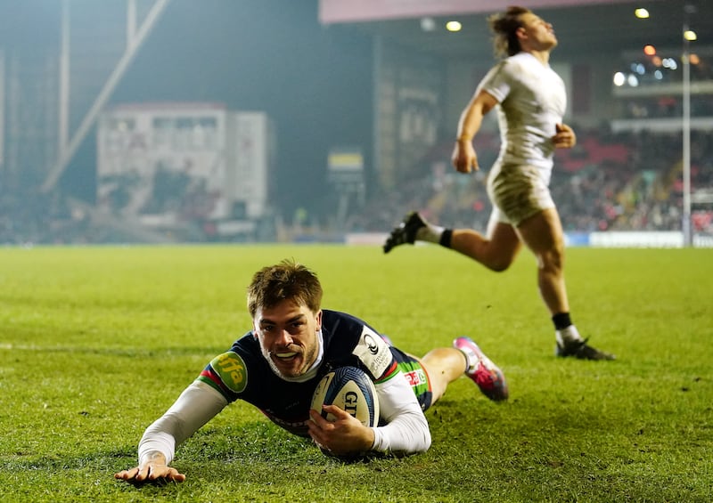 Leicester Tigers' Ollie Hassell-Collins scores a try during the Investec Champions Cup match at Mattioli Woods Welford Road, Leicester. Picture date: Saturday January 11, 2025. PA Photo. See PA story RUGBYU Leicester. Photo credit should read: Mike Egerton/PA Wire.

RESTRICTIONS: Use subject to restrictions. Editorial use only, no commercial use without prior consent from rights holder.