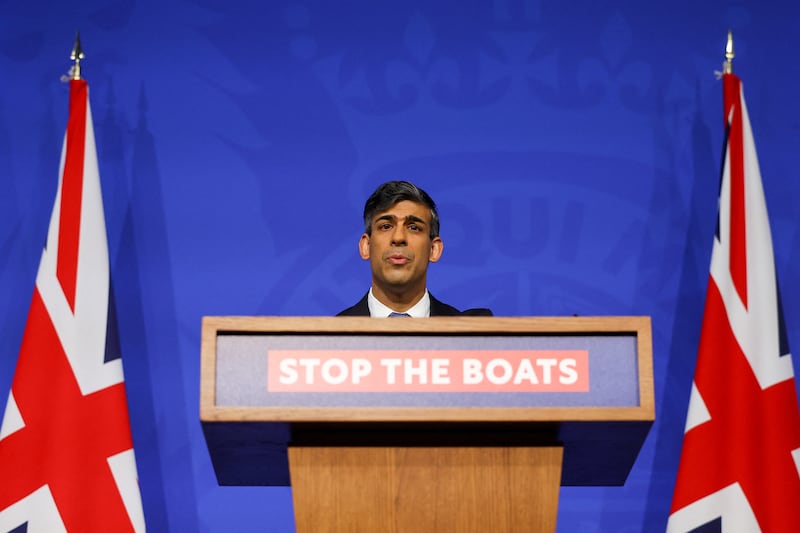 Prime Minister Rishi Sunak speaks during a press conference in Downing Street