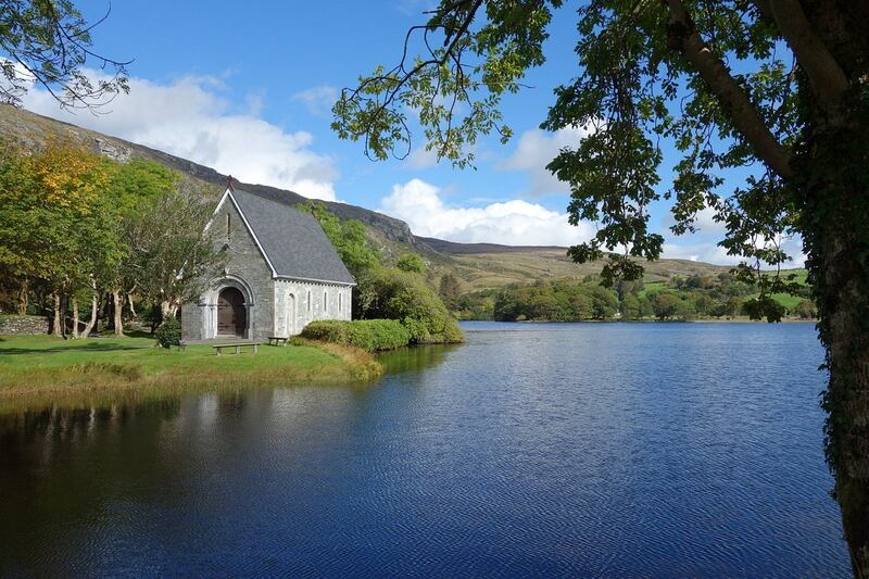 Gougane Barra Church in County Cork sits on a small island and is said to have been set up by a monk in the sixth century