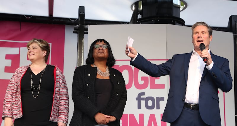 Diane Abbott with Emily Thornberry and Sir Keir Starmer on stage during an anti-Brexit rally in Parliament Square