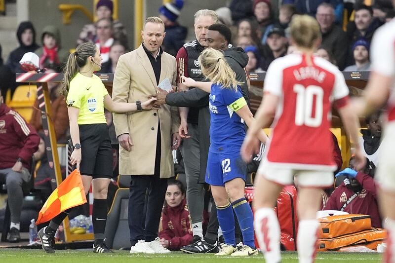Tempers flare between Arsenal manager Jonas Eidevall (left) and Chelsea’s Erin Cuthbert towards the end of the match