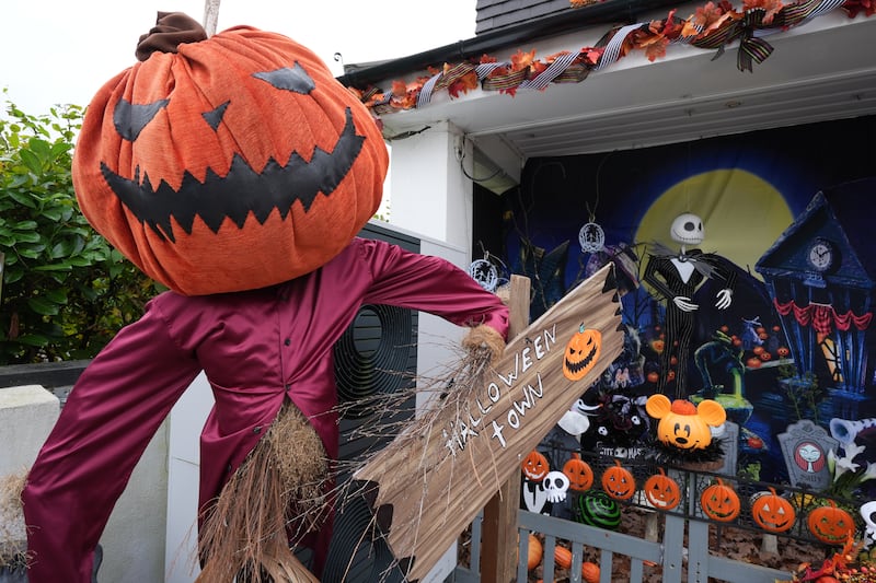 A house decorated with a Nightmare Before Christmas-themed Halloween display