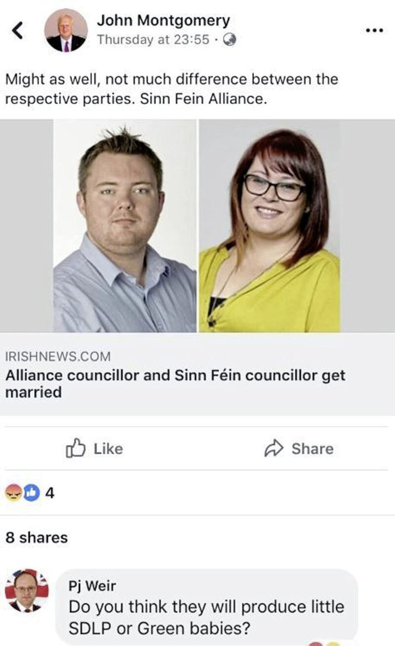 DUP MLA Peter Weir later apologised for making this remark about the couple&#39;s wedding on social media. Picture from Facebook 