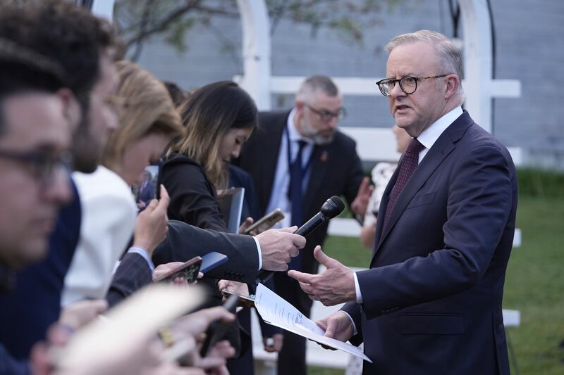 Australia’s Prime Minister Anthony Albanese, speaks to the media. (Mark Schiefelbein/AP)