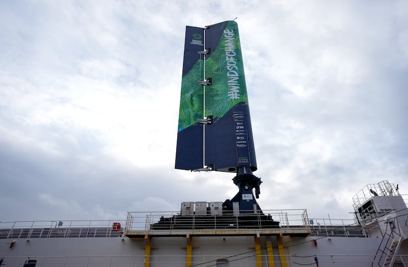 A FastRig test sail developed by Smart Green Shipping, after being lifted into position on the Pacific Grebe, after docking in Southampton for sea trials