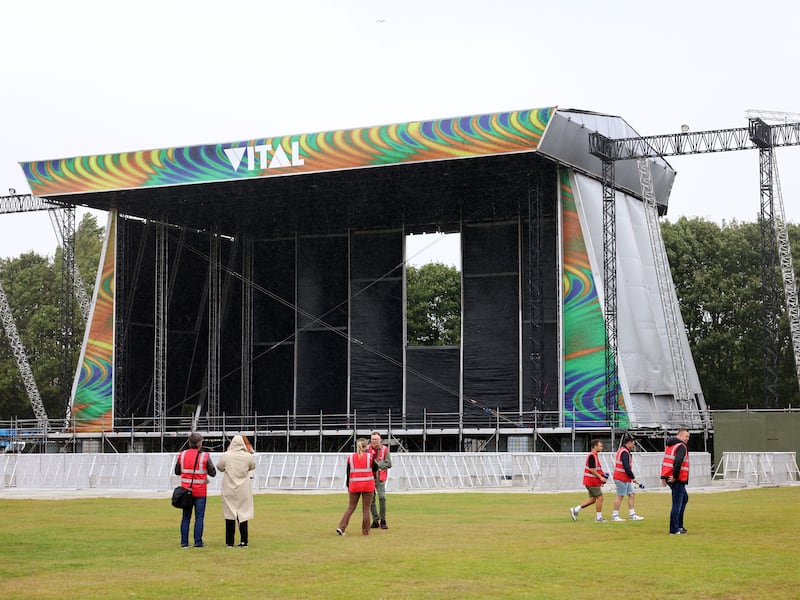 PACEMAKER, BELFAST, 13/8/2024: The huge stage is being prepared for the Vital concerts headlined by Liam Gallagher and Noah Kahan at the Boucher Road Playing Fields, Belfast on Friday 16 and Saturday 17 August, 2024.