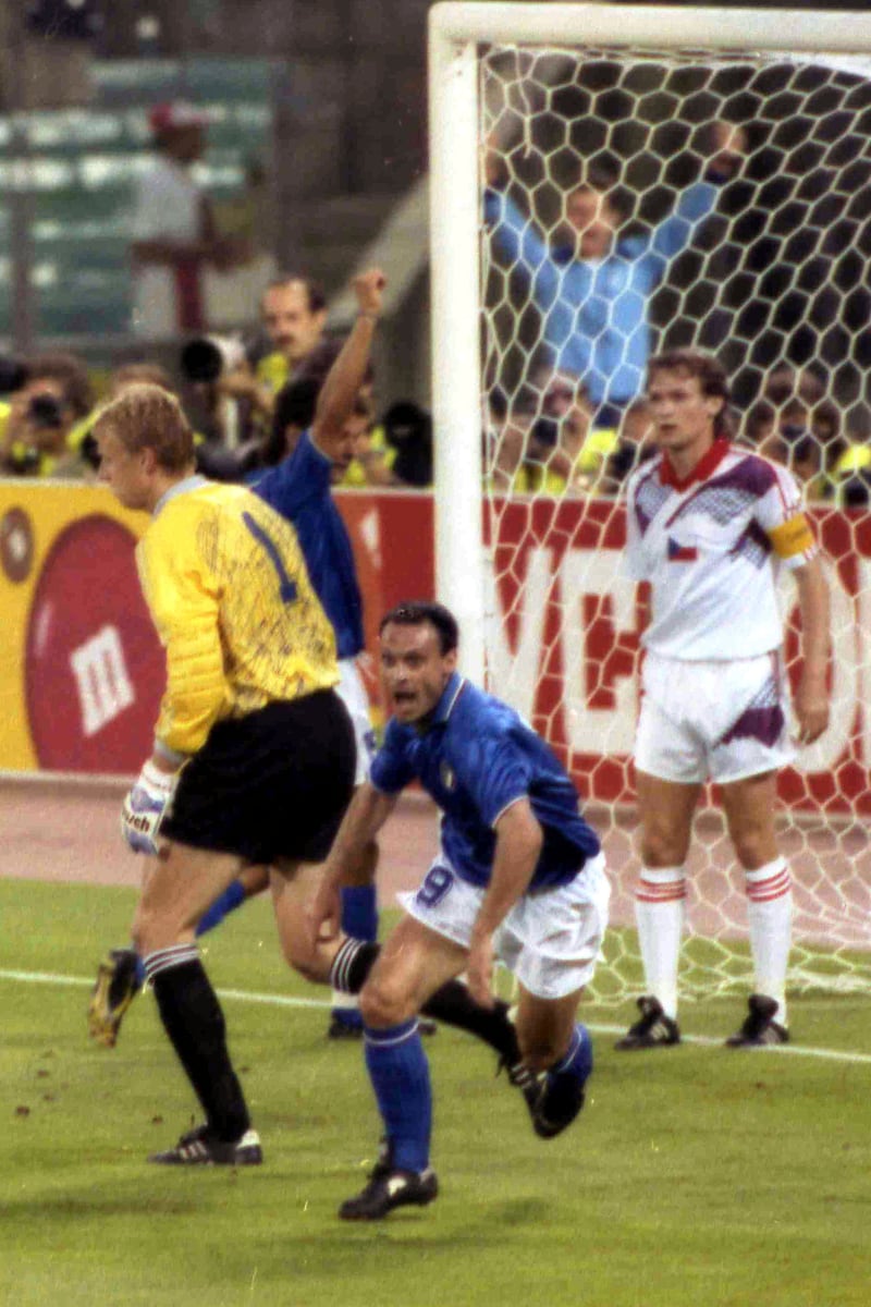 Schillaci celebrates after scoring for Italy against Czechoslovakia (AP)