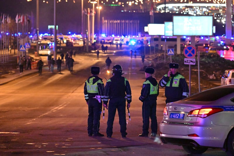 Police block the road to Crocus City Hall (Dmitry Serebryakov/AP)