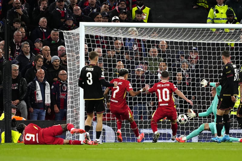 Alexis Mac Allister scores Liverpool’s opener from Mohamed Salah’s cross