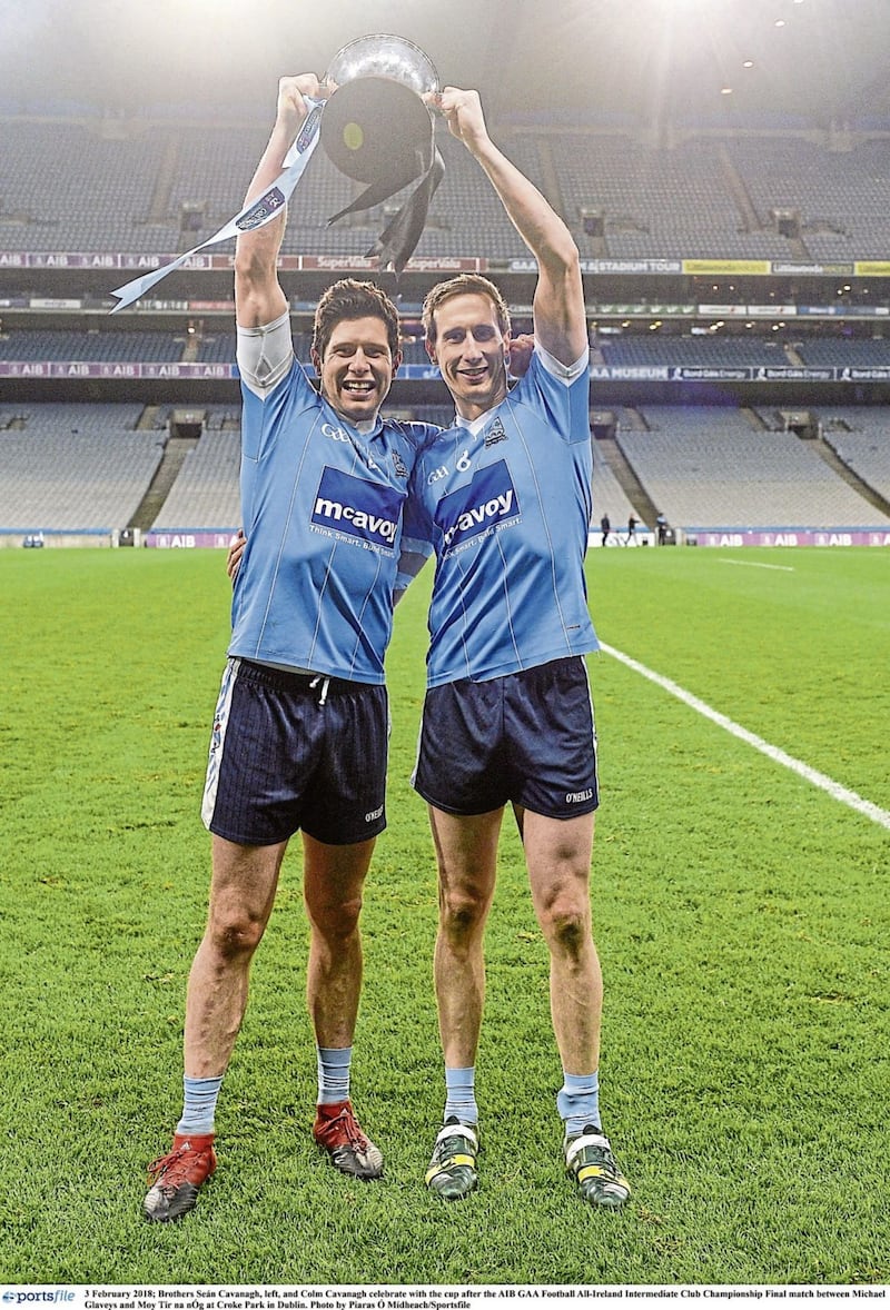 Brothers Sean (left) and Colm Cavanagh celebrate with the cup after the AIB GAA Football All-Ireland Intermediate Club Championship final match between Michael Glaveys and Moy T&iacute;r na n&Oacute;g GAC at Croke Park in Dublin. Picture by Piaras &Oacute; M&iacute;dheach/Sportsfile. 