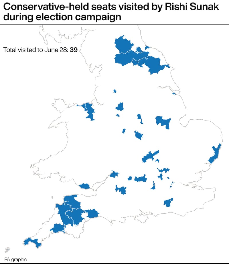 Conservative-held seats visited by Rishi Sunak during the election campaign