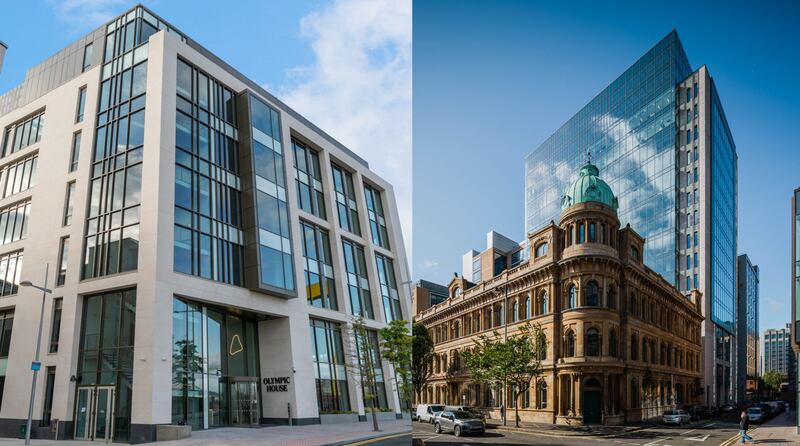 Two images of office buildings.