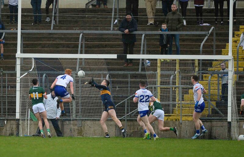 Monaghan’s Ryan O’Toole leaps to score a goal against Kerry