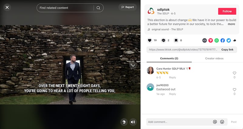 The SDLP's official page has only had one post on TikTok during the election campaign. 
(TikTok.com/@sdlptok)