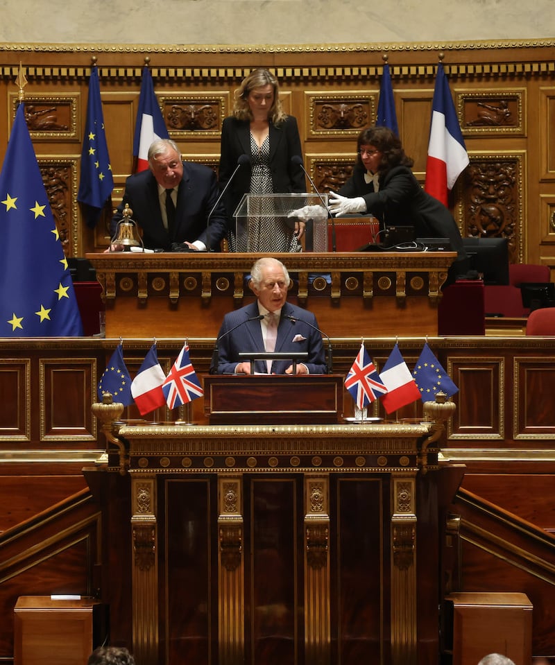 Charles addresses parliamentarians in the Senate Chamber, at the Luxembourg Palace in Paris in 2023