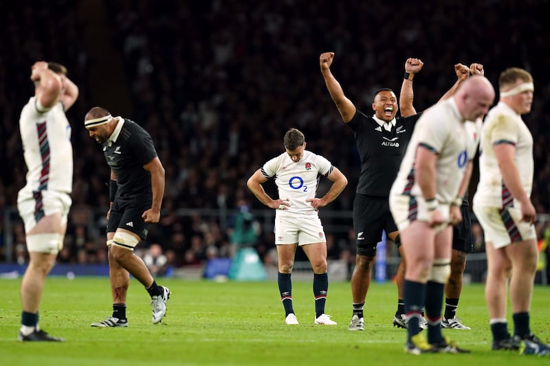 England’s George Ford reacts to missing a drop goal attempt against New Zealand