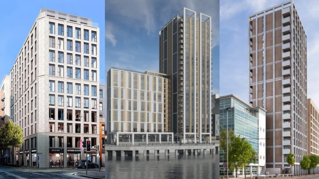 L-R: Artist's impression of Vinder Capital/Endeavour Investments' proposal for 77 apartments on May Street/Victoria Street; Belfast Harbour's City Quays 4 development; and McAleer & Rushe's build-to-rent scheme on Tomb Street/Corporation Street.