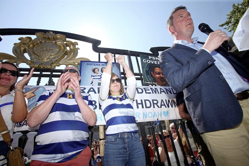Sinn Fein MP John Finucane at a protest rally in support of the Noah Donohoe campaign. Picture by Mal McCann.
