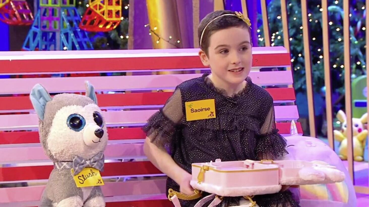 Eight-year-old Saoirse Ruane, from Kiltullagh, Co Galway, appeared on RTE&#39;s Late Late Toy Show where she bravely spoke about having to have her leg amputated last year as a result of a tumour. Picture by RTE 