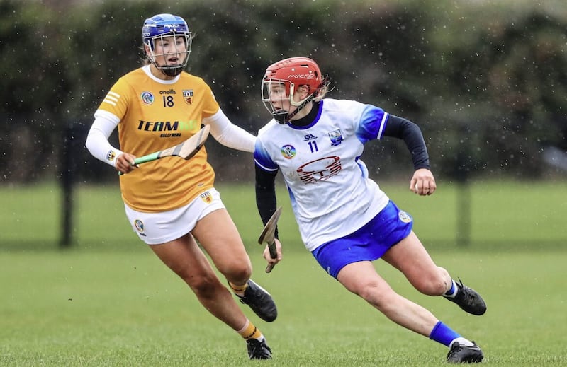 Waterford’s Beth Carton with Katie Laverty of Antrim during the Very National Camogie League Division 1B clash at Creggan   Picture: Evan Treacy/Inpho