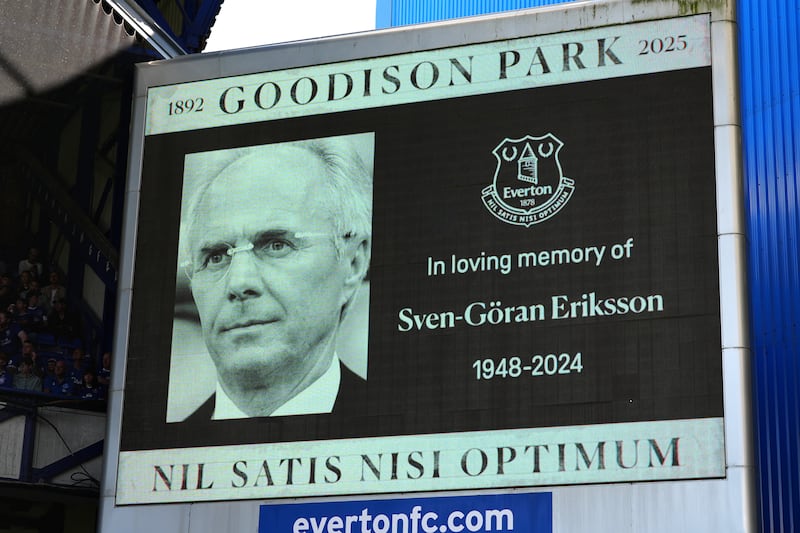 A memorial is shown on the stadium screen of former England manager Sven-Goran Eriksson before the Premier League match at Goodison Park last weekend