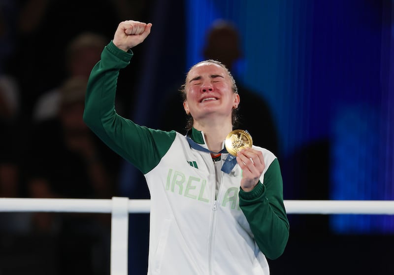 Tears flow as Kellie Harrington receives her Olympic gold medal at Roland-Garros on Monday night. Photo by Matthew Stockman/Getty Images