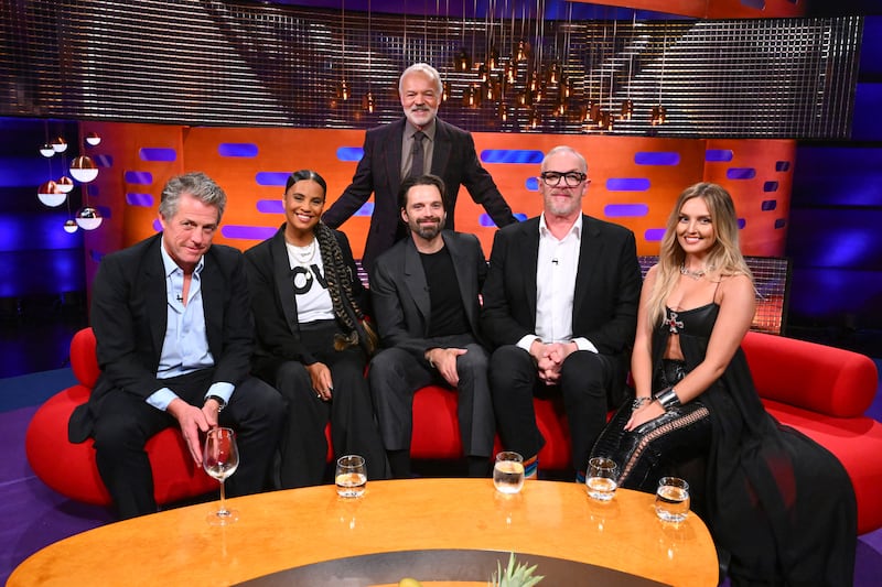 Hugh Grant, Neneh Cherry, Sebastian Stan, Greg Davies, Perrie Edwards and host Graham Norton during filming for the Graham Norton Show