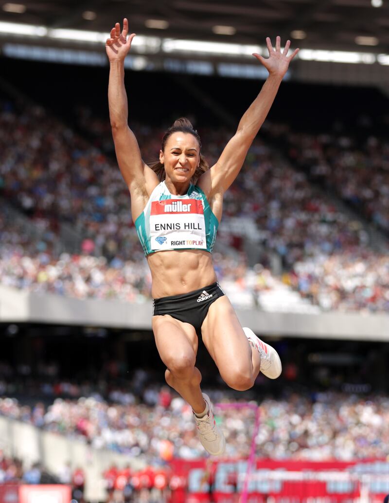Jessica Ennis-Hill in action in the women’s long jump during the Muller Anniversary Games at the Olympic Stadium