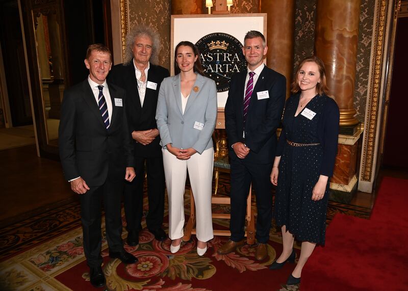 British astronaut Major Tim Peake, astrophysicist and musician Sir Brian May, British astronauts in training Rosemary Coogan, John McFall and Australian astronaut reserve Meganne Christian during a space sustainability event at Buckingham Palace in June 2023