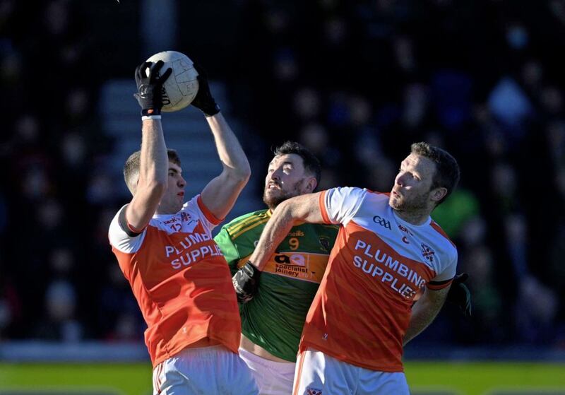 Clann Eireann&rsquo;s Conor McConville and Conor Bell keep Creggan&#39;s Conor McCann at bay during yesterday&#39;s Ulster Club showdown Picture Mark Marlow 