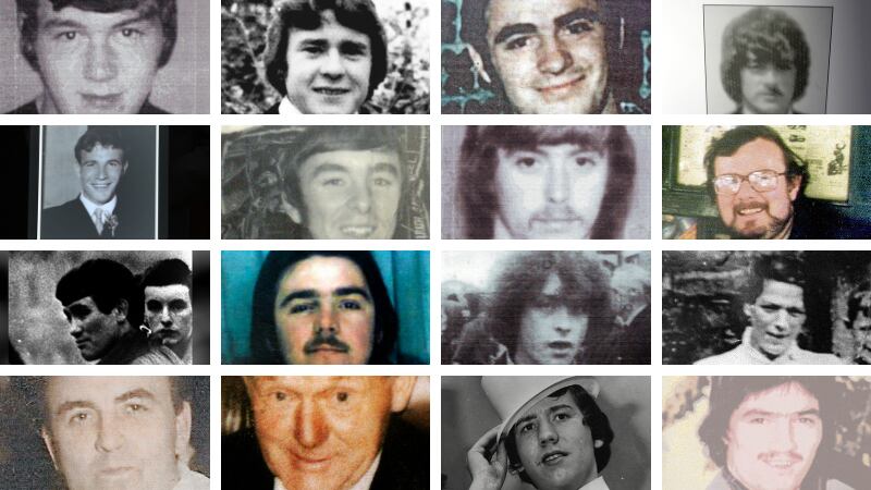 The Disappeared, from left, clockwise, Eamon Molloy, Brian McKinney, Danny McIlhone, Gerry Evans, Seamus Wright, Peter Wilson, Eugene Simons, Seamus Ruddy, Robert Nairac, Brendan Megraw, Kevin McKee, Jean McConville, Joe Lynskey, Charlie Armstrong, Columba McVeigh, John McClory. Seamus Maguire not pictured.