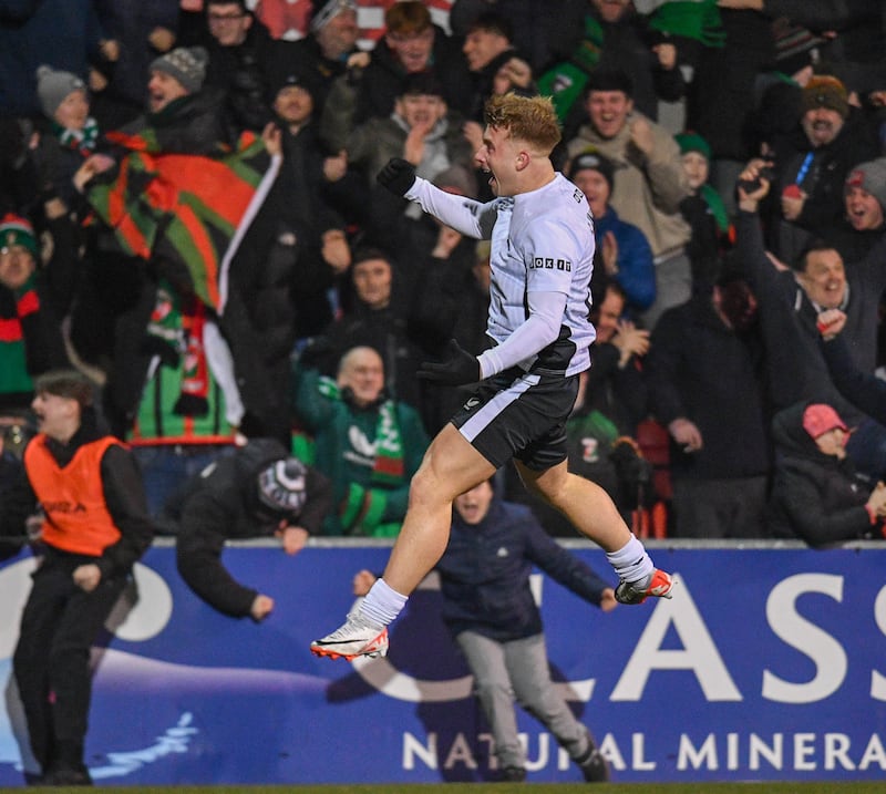 Charlie Lindsay of Glentoran celebrating after scoring the opening goal during this evening’s final at Seaview Stadium, Belfast