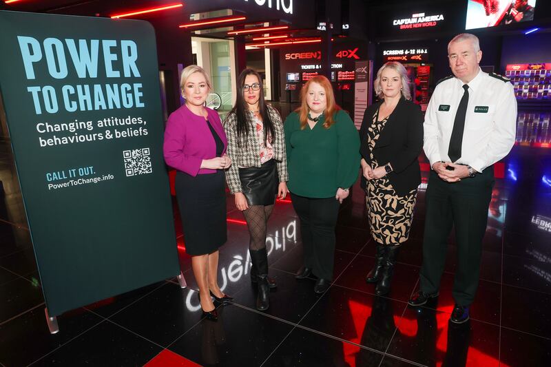 First Minister Michelle O'Neill, Eva Komuves domestic abuse surviour, Justice Minister Naomi Long, MLA and Junior Minister Pam Cameron and Chief Constable Jon Boutcher at the launch of  The Power to Change  campaign at the SSE Areana in Belfast. PICTURE: MAL MCCANN