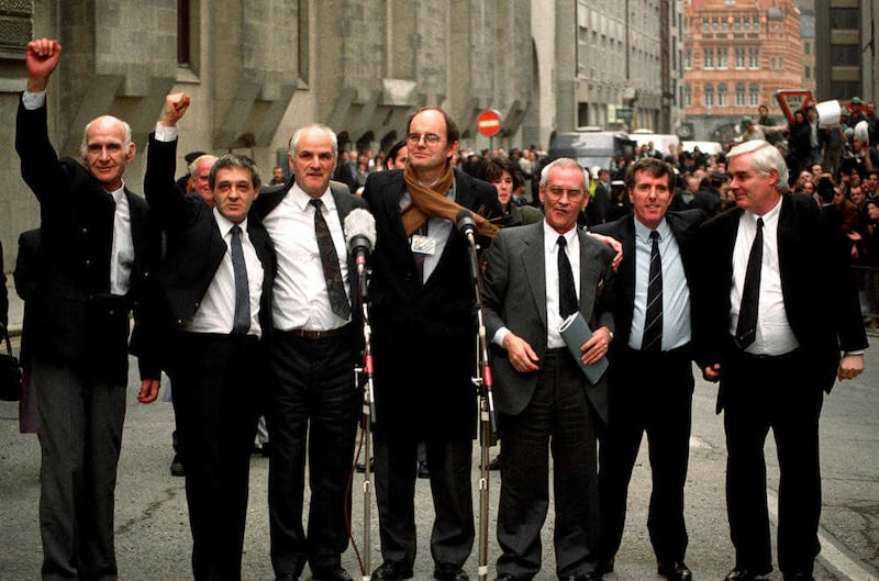 The Birmingham Six, John Walker, Paddy Hill, Hugh Callaghan &ndash; with Chris Mullen MP &ndash; Richard McIlkenny, Gerry Hunter and William Power outside the Old Bailey in London after their convictions were quashed 