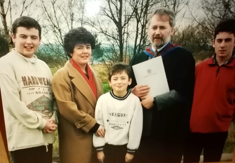 Pat McArt with his wife Rosie and family on the day he was awarded his Master's degree in 1995