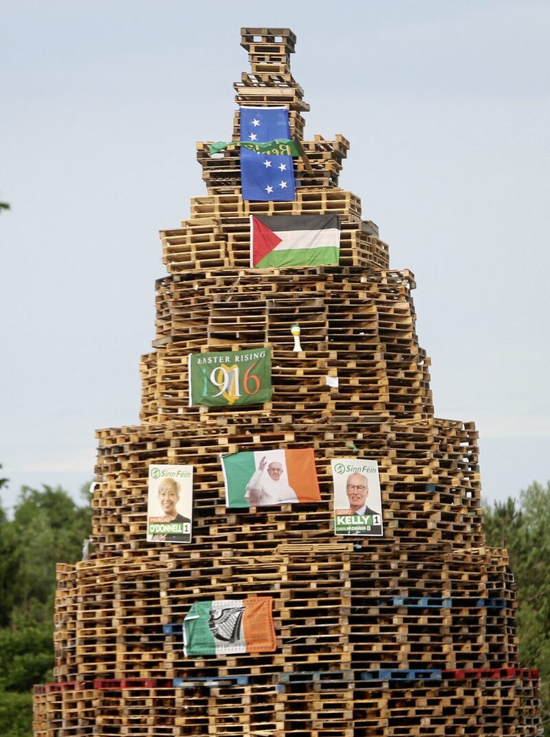 Flags and election posters on a bonfire on the Shore Road in north Belfast